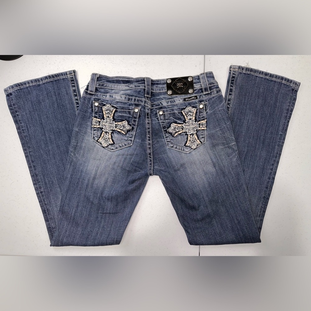 Miss Me Jeans Women's Size 29 Dark blue distressed whiskered regular/boot cut - Picture 4 of 8